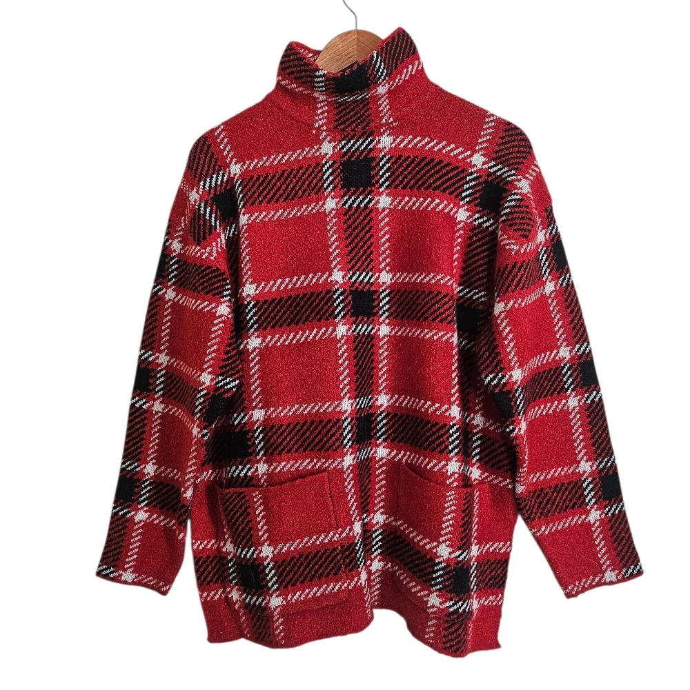Zara Red Black Buffalo Check Plaid High Neck Cozy Knit Holiday Sweater, Size L